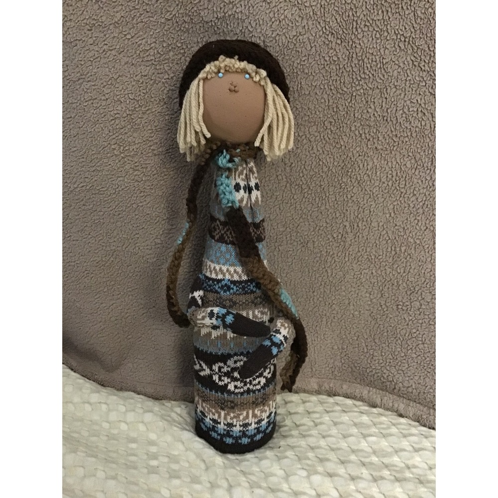 Handmade Doll Cozy Winter Sweater‎ Scarf Hat Blue Brown Folk Art